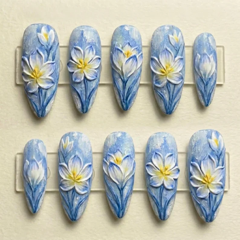 impressionist blooms, 3D hand-painted nails, press on nails, custom press on nails, fake nails, Nails Art, stained glass nails, gold press on nails, 3d press on nails, luxury press on nails, handmade press on nails