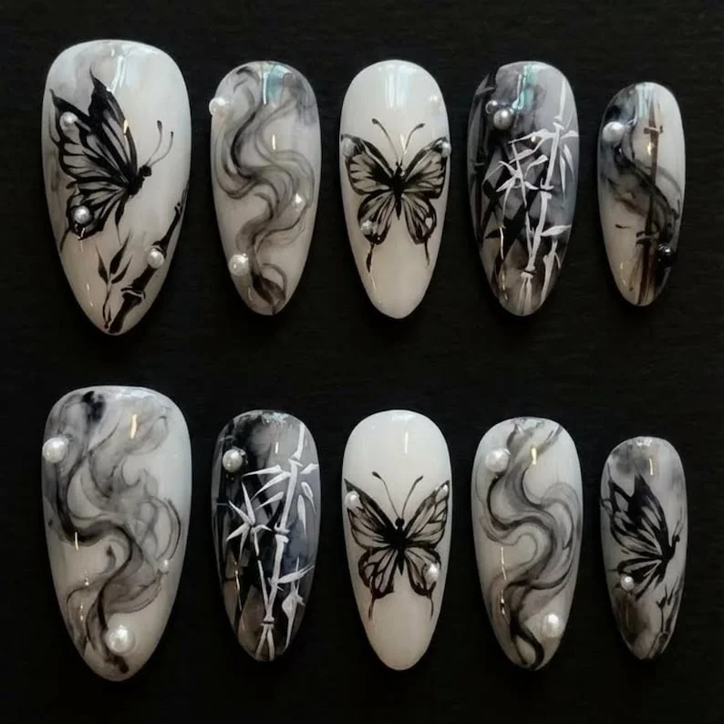 ink wash butterfly, press on nails, custom press on nails, fake nails, Nails Art, stained glass nails, gold press on nails, 3d press on nails, luxury press on nails, handmade press on nails