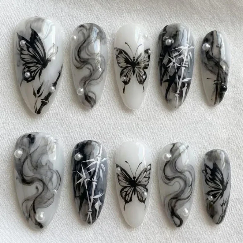 butterfly nail set, ink wash nails, press on nails, custom press on nails, fake nails, Nails Art, stained glass nails, gold press on nails, 3d press on nails, luxury press on nails, handmade press on nails