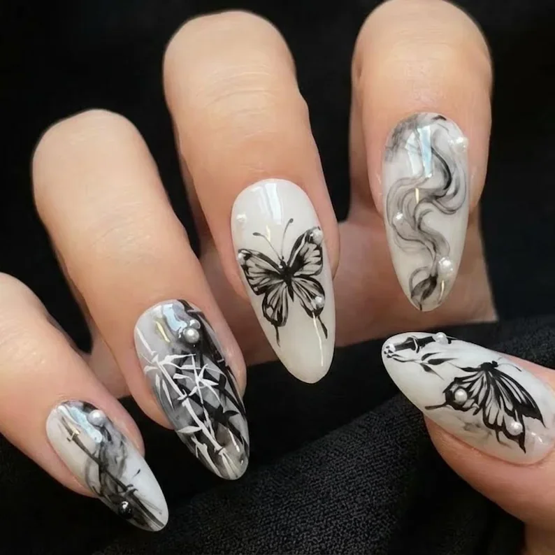 ink wash butterfly, press on nails, custom press on nails, fake nails, Nails Art, stained glass nails, gold press on nails, 3d press on nails, luxury press on nails, handmade press on nails
