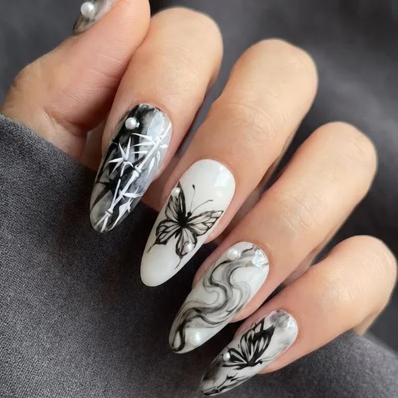 Japanese style nails, bamboo nail art, press on nails, custom press on nails, fake nails, Nails Art, stained glass nails, gold press on nails, 3d press on nails, luxury press on nails, handmade press on nails