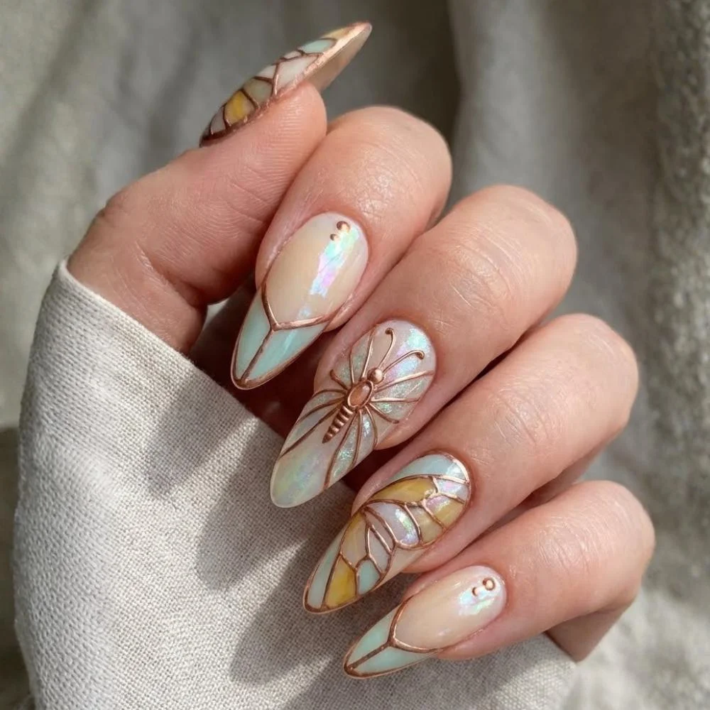 iridescent butterfly nails, press on nails, custom press on nails, fake nails, Nails Art, stained glass nails, gold press on nails, 3d press on nails, luxury press on nails, handmade press on nails