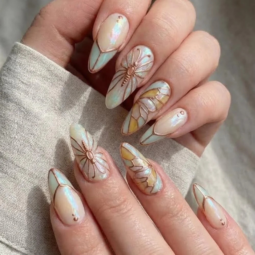 fairycore nail art, iridescent nail design, press on nails, custom press on nails, fake nails, Nails Art, stained glass nails, gold press on nails, 3d press on nails, luxury press on nails, handmade press on nails
