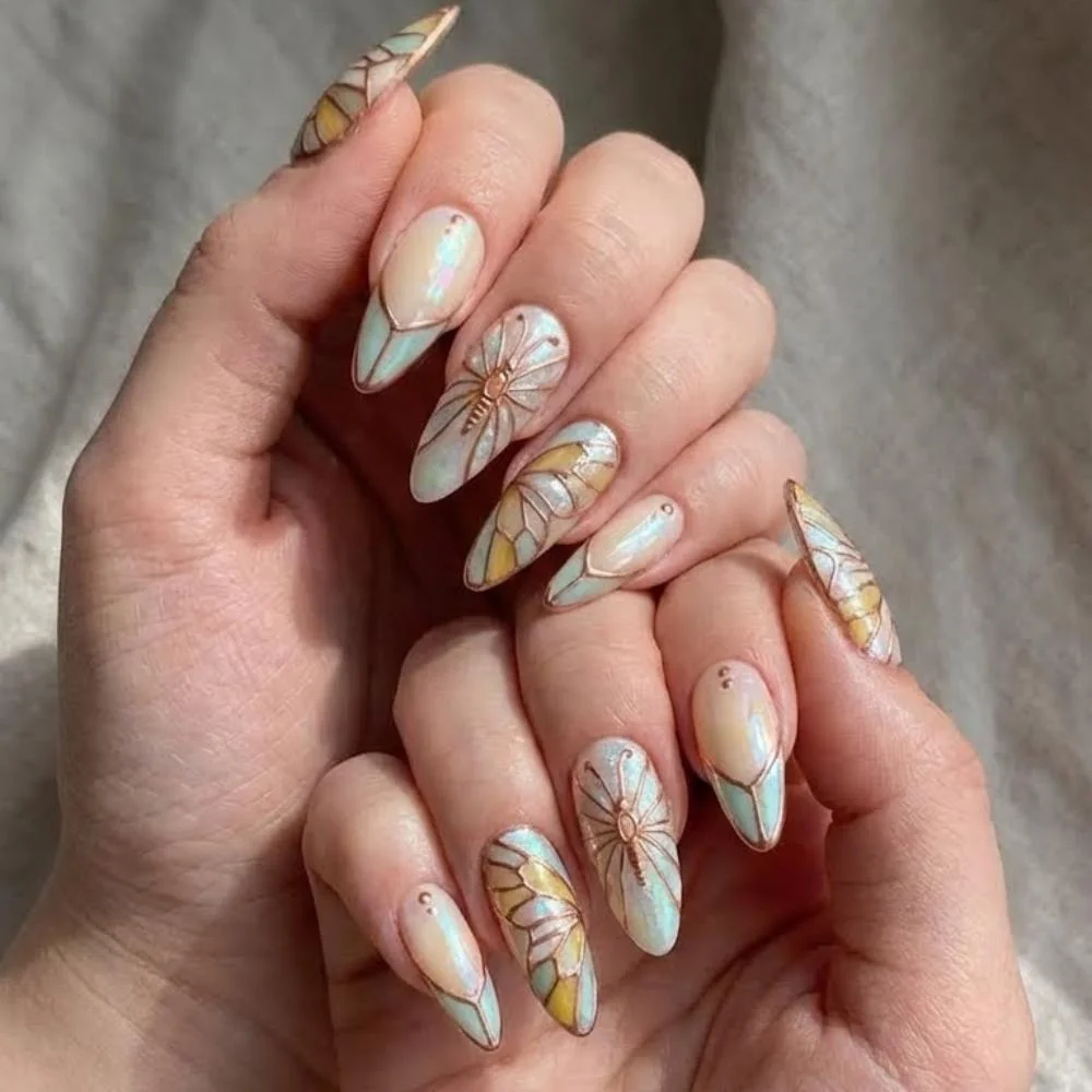 butterfly nail art, art nouveau nails, press on nails, custom press on nails, fake nails, Nails Art, stained glass nails, gold press on nails, 3d press on nails, luxury press on nails, handmade press on nails