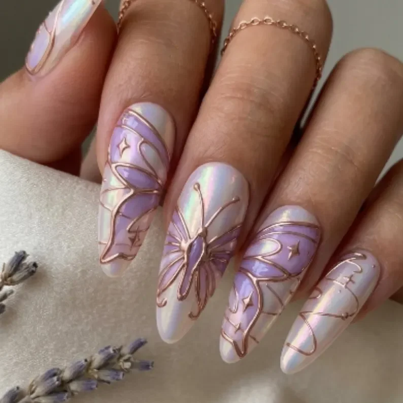 iridescent butterfly sigil, 3D rose gold, press on nails, custom press on nails, fake nails, Nails Art, stained glass nails, gold press on nails, 3d press on nails, luxury press on nails, handmade press on nails