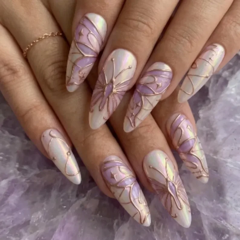 press on nails, lilac fairycore, custom press on nails, fake nails, Nails Art, stained glass nails, gold press on nails, 3d press on nails, luxury press on nails, handmade press on nails