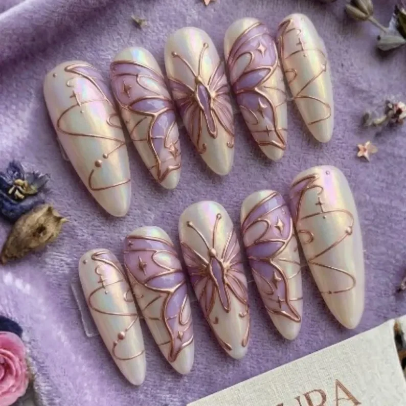 celestial art, rose gold nails, press on nails, custom press on nails, fake nails, Nails Art, stained glass nails, gold press on nails, 3d press on nails, luxury press on nails, handmade press on nails