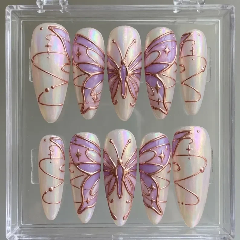 iridescent butterfly sigil, 3D rose gold, press on nails, custom press on nails, fake nails, Nails Art, stained glass nails, gold press on nails, 3d press on nails, luxury press on nails, handmade press on nails