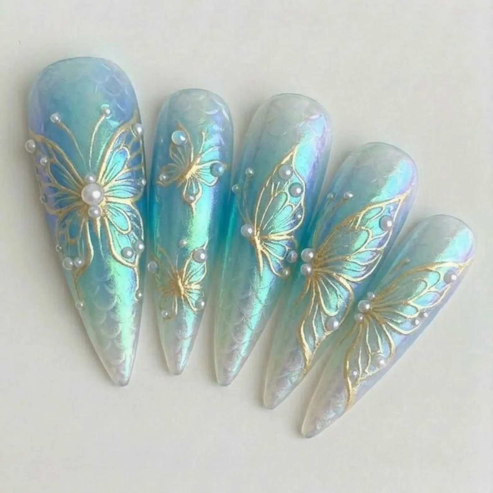 iridescent mermaid nails, butterfly press on, press on nails, custom press on nails, fake nails, Nails Art, stained glass nails, gold press on nails, 3d press on nails, luxury press on nails, handmade press on nails