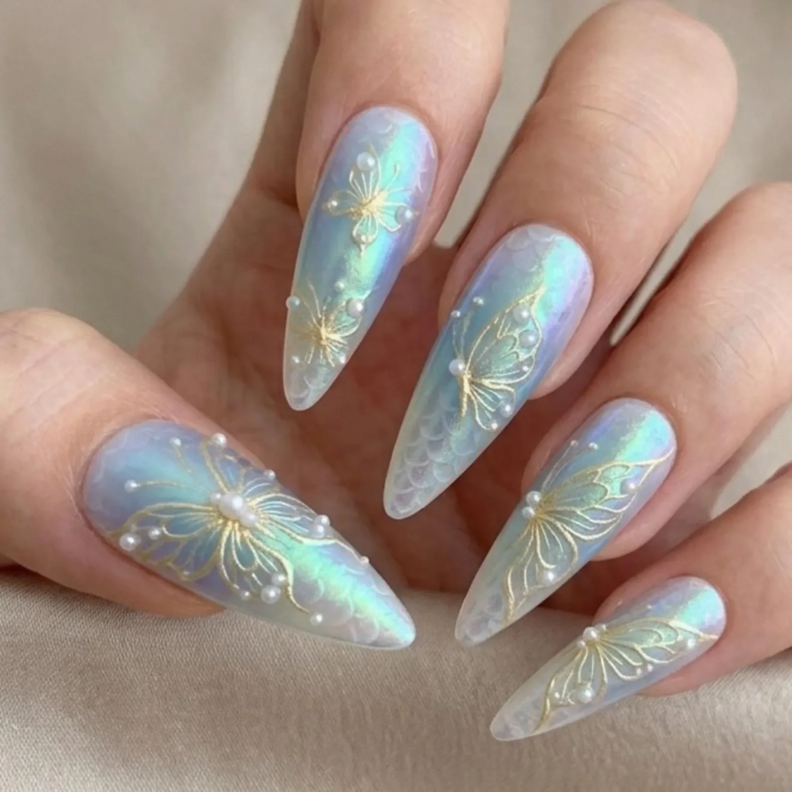 aurora teal shimmer, teal shimmer nails, press on nails, custom press on nails, fake nails, Nails Art, stained glass nails, gold press on nails, 3d press on nails, luxury press on nails, handmade press on nails