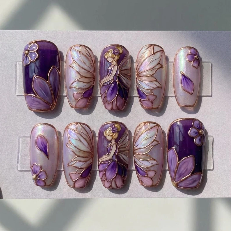iridescent purple nails, fairy stained glass, press on nails, custom press on nails, fake nails, Nails Art, stained glass nails, gold press on nails, 3d press on nails, luxury press on nails, handmade press on nails