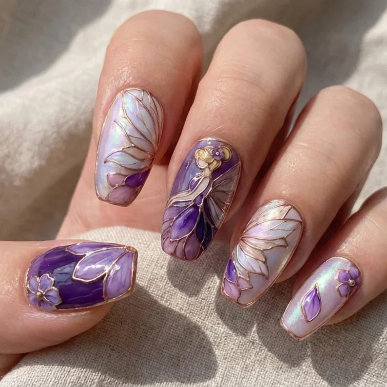 pearl artisan nails, iridescent nail set, press on nails, custom press on nails, fake nails, Nails Art, stained glass nails, gold press on nails, 3d press on nails, luxury press on nails, handmade press on nails