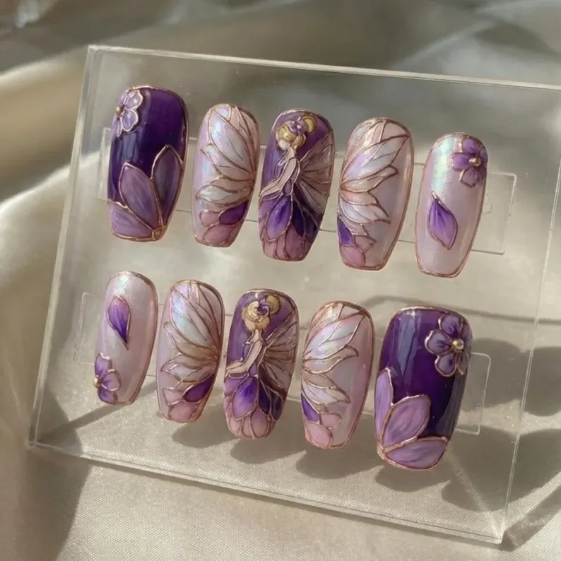 purple fairy nails, stained glass manicure, press on nails, custom press on nails, fake nails, Nails Art, stained glass nails, gold press on nails, 3d press on nails, luxury press on nails, handmade press on nails