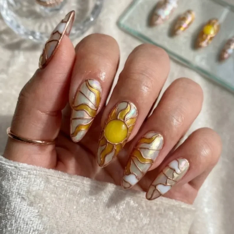 cloud press on, 3D window nails, press on nails, custom press on nails, fake nails, Nails Art, stained glass nails, gold press on nails, 3d press on nails, luxury press on nails, handmade press on nails