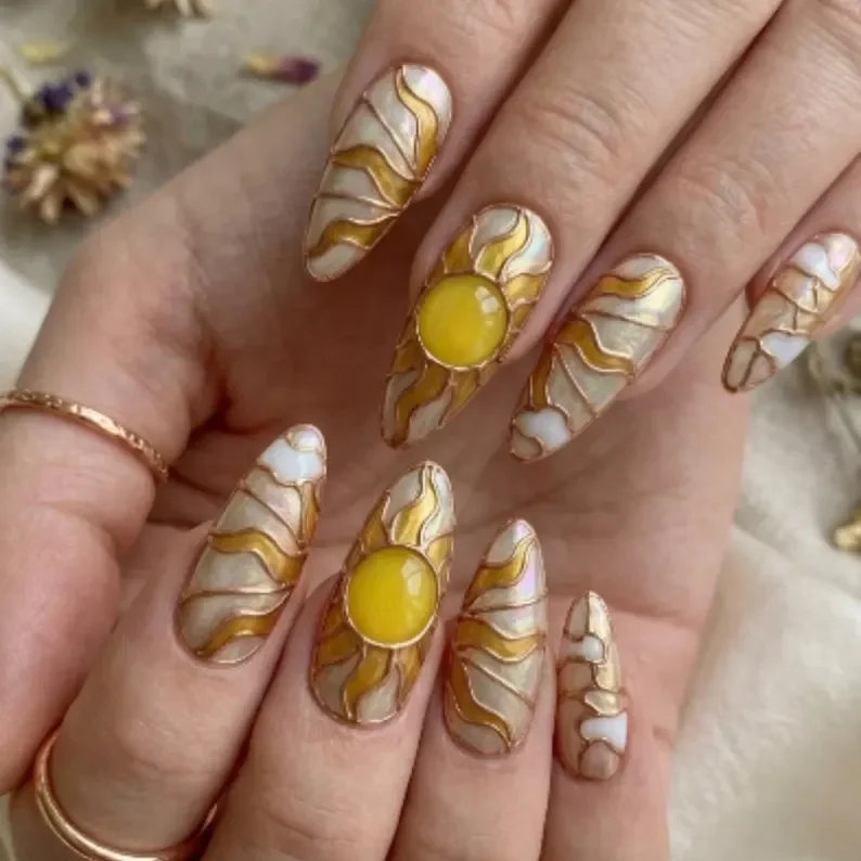 iridescent press ons, celestial themed nails, press on nails, custom press on nails, fake nails, Nails Art, stained glass nails, gold press on nails, 3d press on nails, luxury press on nails, handmade press on nails