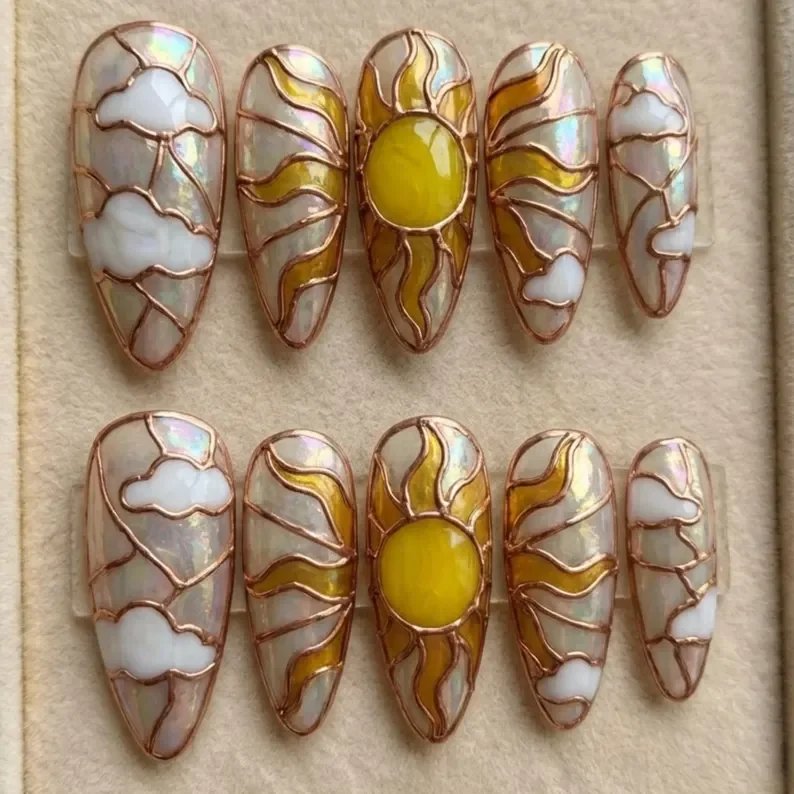iridescent stained glass, celestial sun nails, press on nails, custom press on nails, fake nails, Nails Art, stained glass nails, gold press on nails, 3d press on nails, luxury press on nails, handmade press on nails