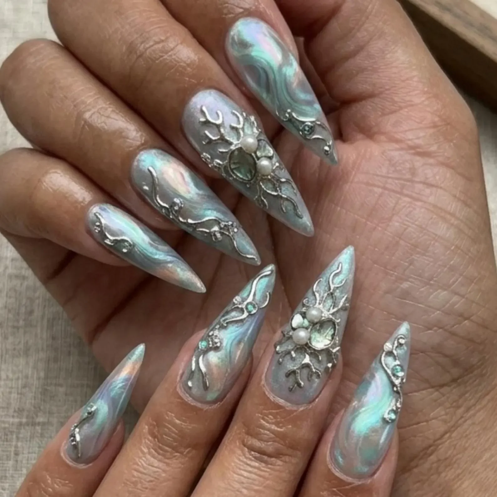 3D nail art, silver coral pearl, press on nails, custom press on nails, fake nails, Nails Art, stained glass nails, gold press on nails, 3d press on nails, luxury press on nails, handmade press on nails