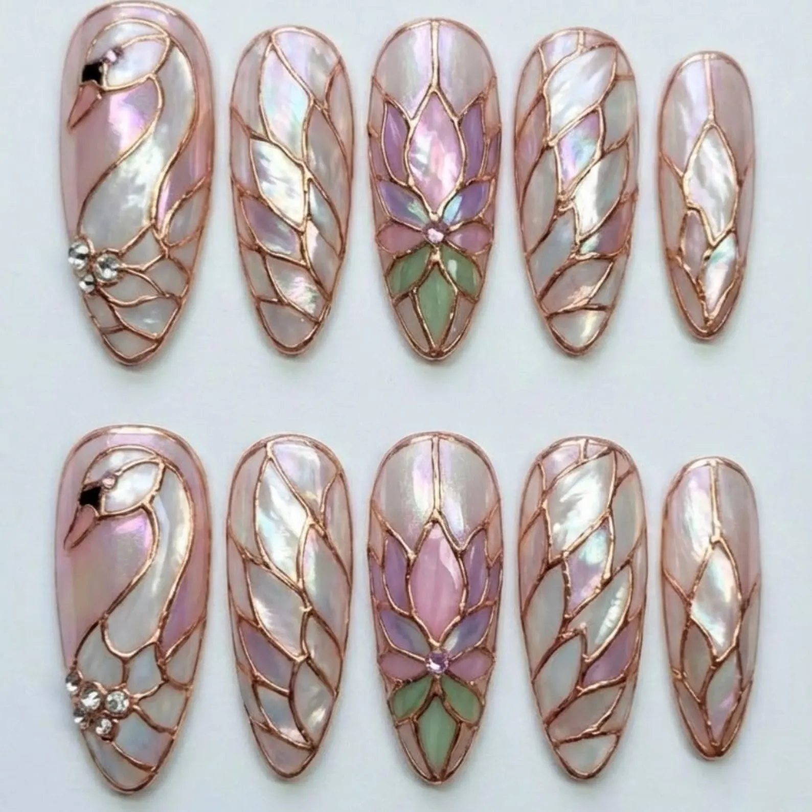 floral mosaic, pearl coquette, press on nails, custom press on nails, fake nails, Nails Art, stained glass nails, gold press on nails, 3d press on nails, luxury press on nails, handmade press on nails