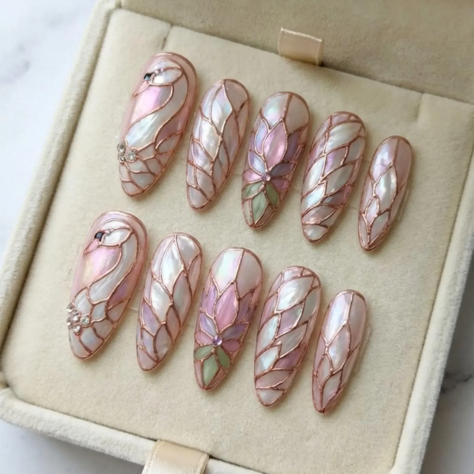 floral mosaic, pearl coquette, press on nails, custom press on nails, fake nails, Nails Art, stained glass nails, gold press on nails, 3d press on nails, luxury press on nails, handmade press on nails
