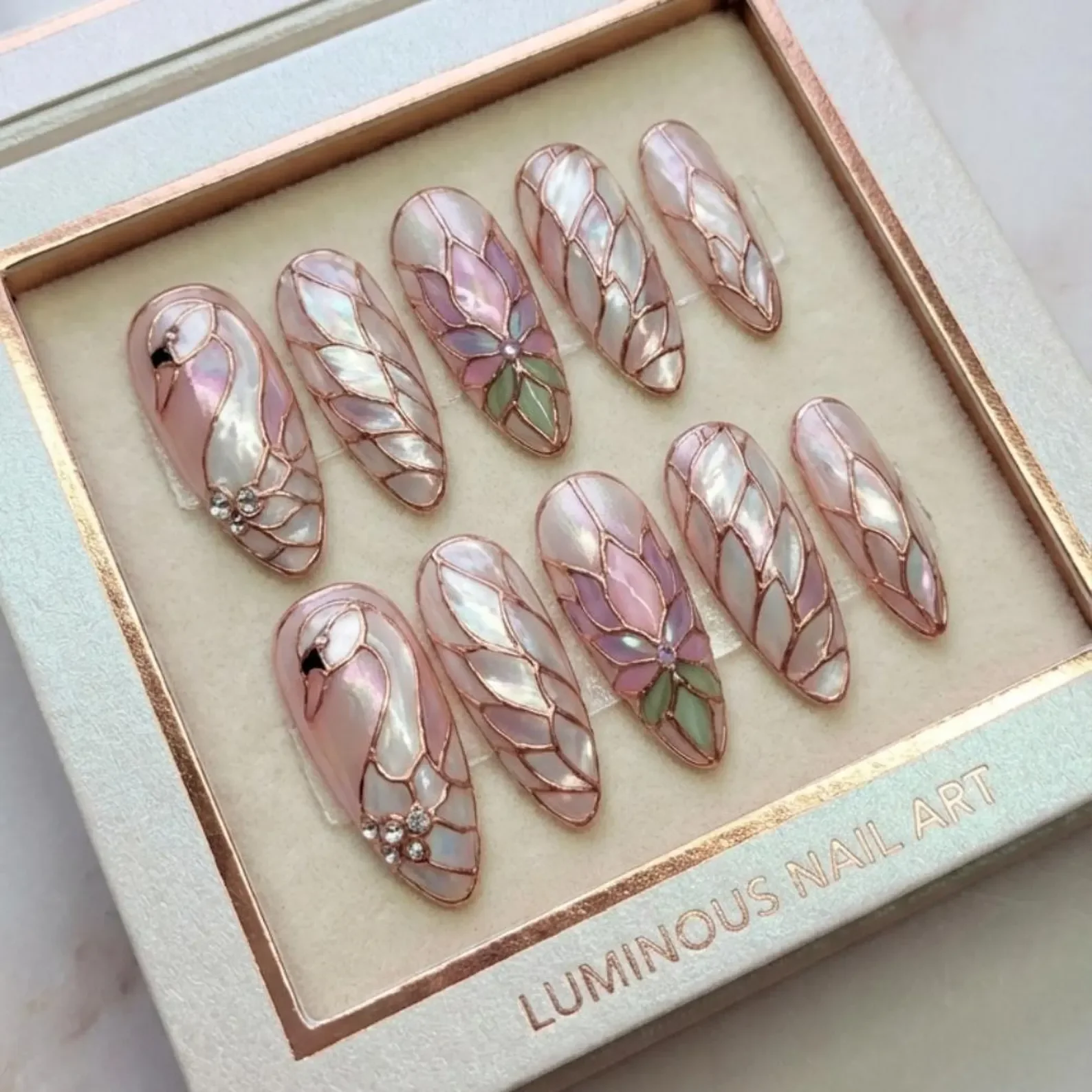 swan themed nails, mosaic pearl nails, press on nails, custom press on nails, fake nails, Nails Art, stained glass nails, gold press on nails, 3d press on nails, luxury press on nails, handmade press on nails