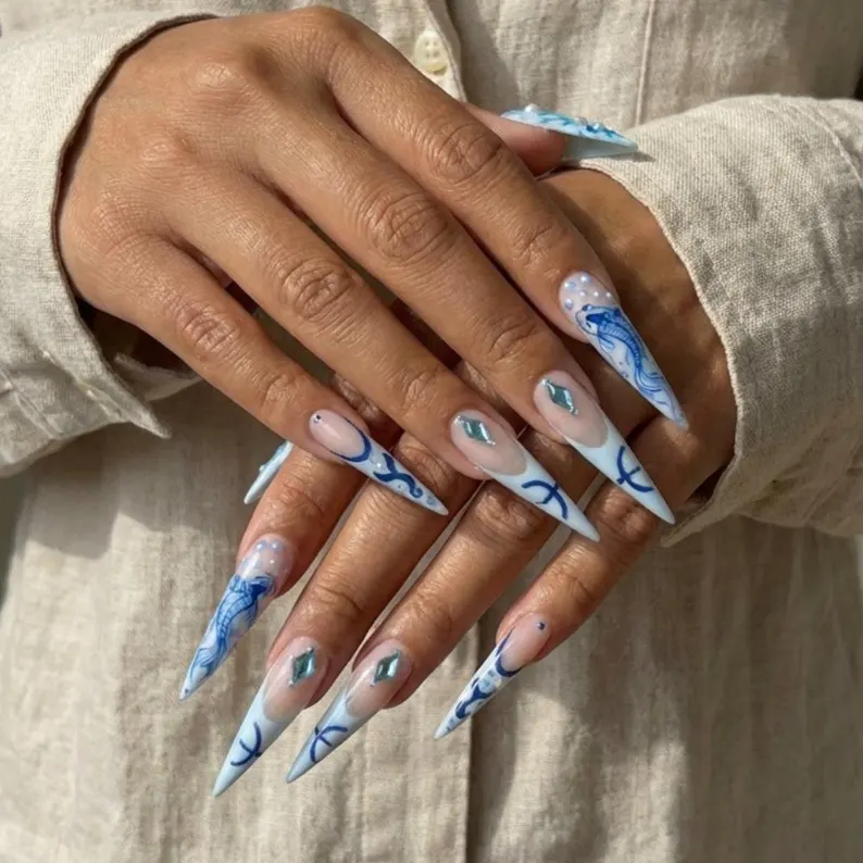 Japanese nuance, Pisces zodiac, press on nails, custom press on nails, fake nails, Nails Art, stained glass nails, gold press on nails, 3d press on nails, luxury press on nails, handmade press on nails