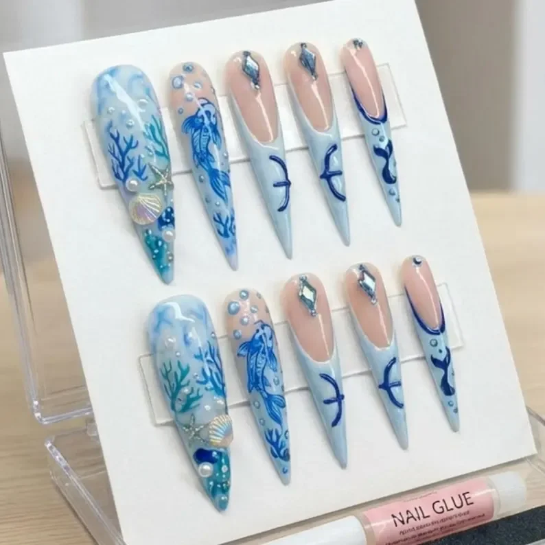 press on nails, hand-painted koi, custom press on nails, fake nails, Nails Art, stained glass nails, gold press on nails, 3d press on nails, luxury press on nails, handmade press on nails