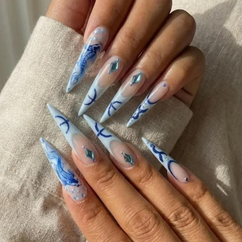 koi fish design, coral mermaidcore, press on nails, custom press on nails, fake nails, Nails Art, stained glass nails, gold press on nails, 3d press on nails, luxury press on nails, handmade press on nails