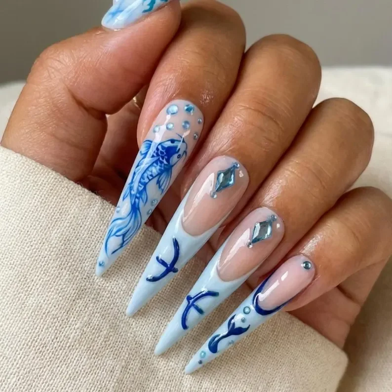 mermaidcore art, zodiac nail set, press on nails, custom press on nails, fake nails, Nails Art, stained glass nails, gold press on nails, 3d press on nails, luxury press on nails, handmade press on nails