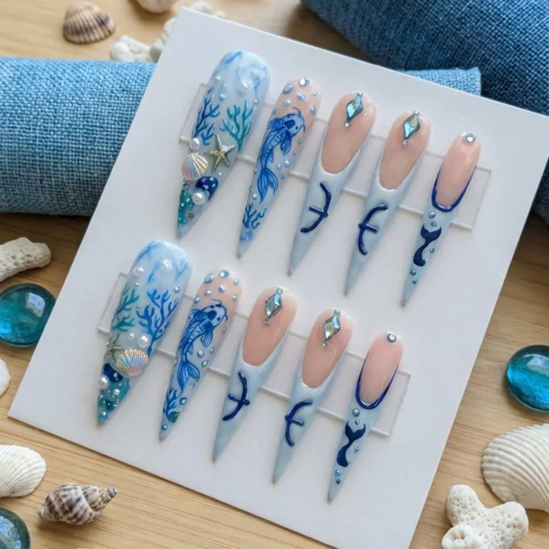Pisces nails, Japanese koi art, press on nails, custom press on nails, fake nails, Nails Art, stained glass nails, gold press on nails, 3d press on nails, luxury press on nails, handmade press on nails