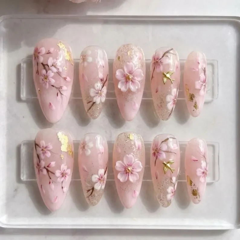 Japanese press on nails, Sakura press on nails, press on nails, custom press on nails, fake nails, Nails Art, stained glass nails, gold press on nails, 3d press on nails, luxury press on nails, handmade press on nails