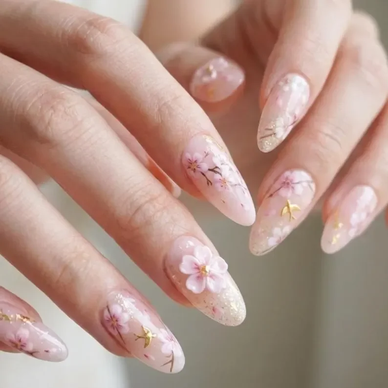 3D cherry blossom, Gold bird nail art, press on nails, custom press on nails, fake nails, Nails Art, stained glass nails, gold press on nails, 3d press on nails, luxury press on nails, handmade press on nails