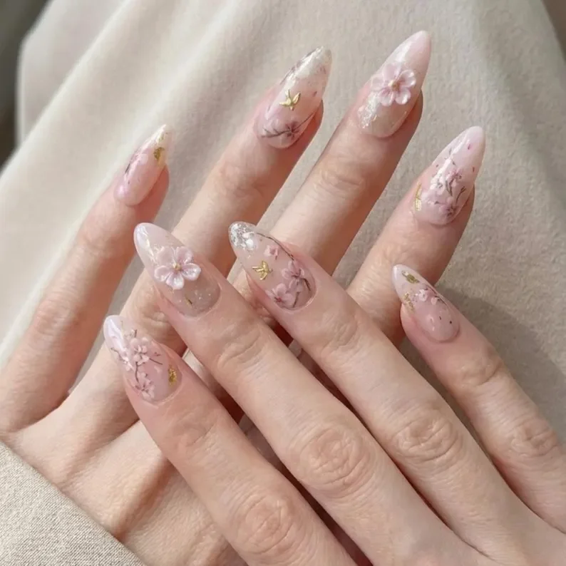 Cherry blossom nails, Bird nail art, press on nails, custom press on nails, fake nails, Nails Art, stained glass nails, gold press on nails, 3d press on nails, luxury press on nails, handmade press on nails