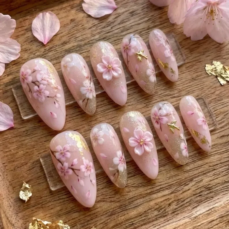 Sakura 3D nails, Japanese press on nails, press on nails, custom press on nails, fake nails, Nails Art, stained glass nails, gold press on nails, 3d press on nails, luxury press on nails, handmade press on nails