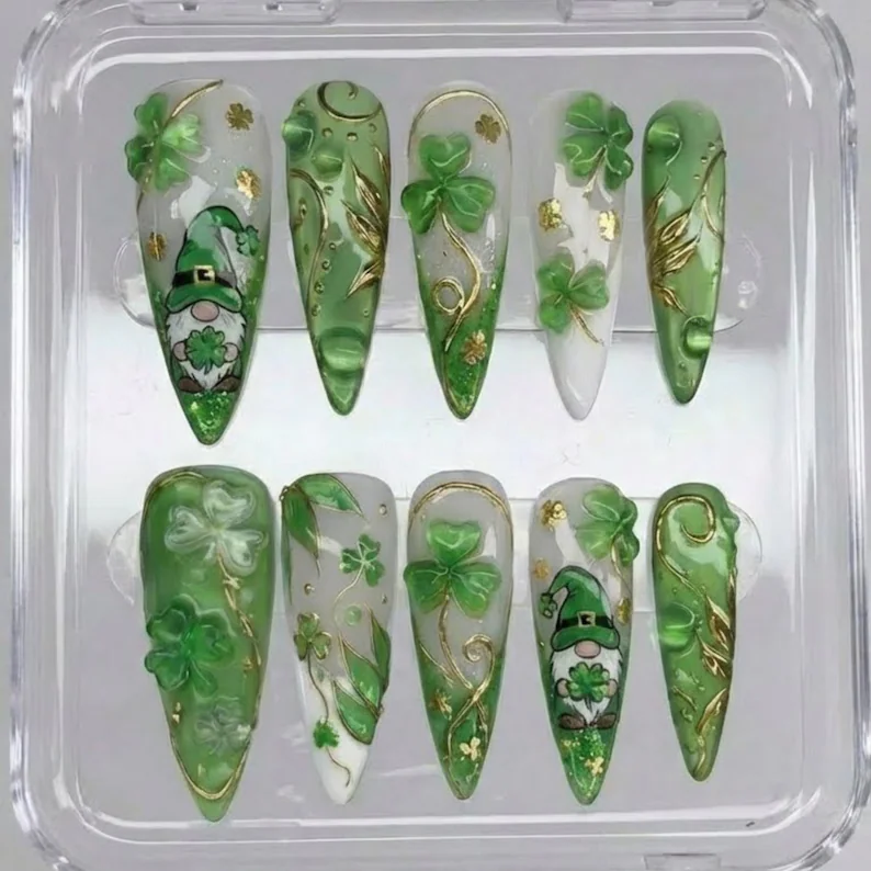 Lucky clover design, Garden gnome nails, press on nails, custom press on nails, fake nails, Nails Art, stained glass nails, gold press on nails, 3d press on nails, luxury press on nails, handmade press on nails