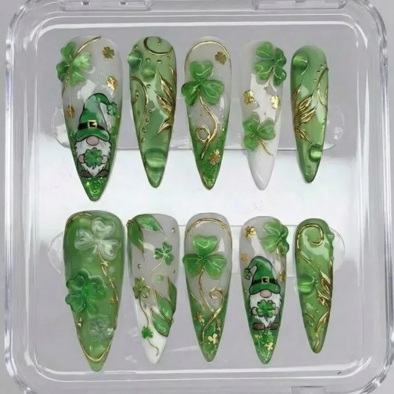 Jelly 3D press-on nails, Patrick’s Day nails, press on nails, custom press on nails, fake nails, Nails Art, stained glass nails, gold press on nails, 3d press on nails, luxury press on nails, handmade press on nails