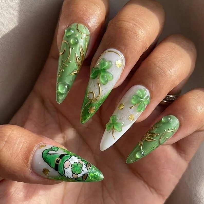 Lucky clover design, Garden gnome nails, press on nails, custom press on nails, fake nails, Nails Art, stained glass nails, gold press on nails, 3d press on nails, luxury press on nails, handmade press on nails