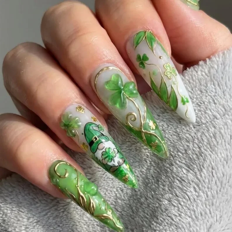 Jelly 3D press-on nails, Patrick’s Day nails, press on nails, custom press on nails, fake nails, Nails Art, stained glass nails, gold press on nails, 3d press on nails, luxury press on nails, handmade press on nails