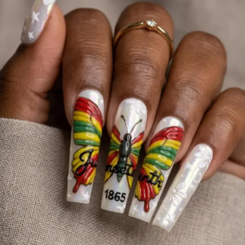Juneteenth 1865, 3D butterfly nails, press on nails, custom press on nails, fake nails, Nails Art, stained glass nails, gold press on nails, 3d press on nails, luxury press on nails, handmade press on nails