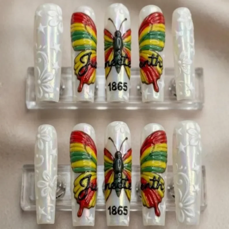 Freedom Day design, butterfly nail art, press on nails, custom press on nails, fake nails, Nails Art, stained glass nails, gold press on nails, 3d press on nails, luxury press on nails, handmade press on nails