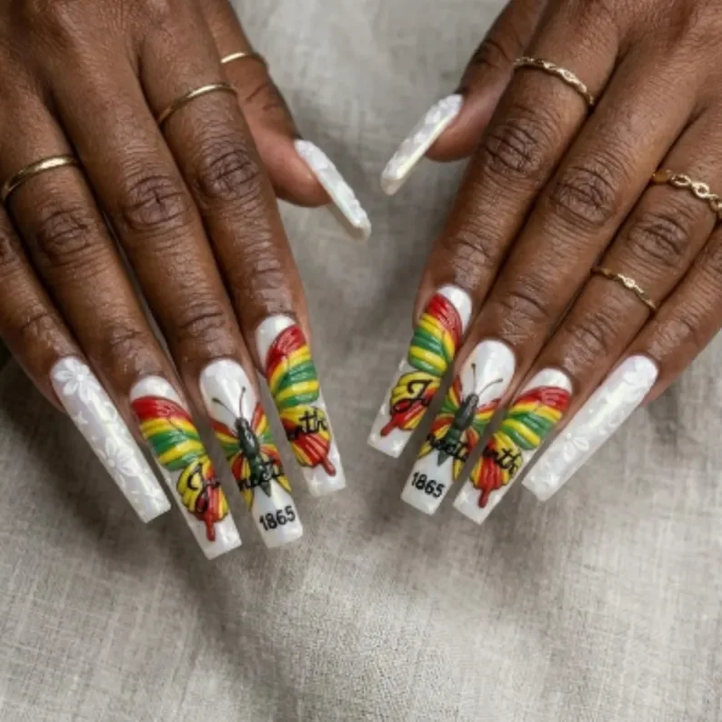 Juneteenth nails, 3D nail decals, press on nails, custom press on nails, fake nails, Nails Art, stained glass nails, gold press on nails, 3d press on nails, luxury press on nails, handmade press on nails