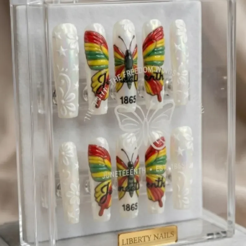 Juneteenth 1865, 3D butterfly nails, press on nails, custom press on nails, fake nails, Nails Art, stained glass nails, gold press on nails, 3d press on nails, luxury press on nails, handmade press on nails