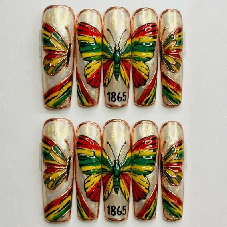 Butterfly freedom, Black history art, press on nails, custom press on nails, fake nails, Nails Art, stained glass nails, gold press on nails, 3d press on nails, luxury press on nails, handmade press on nails