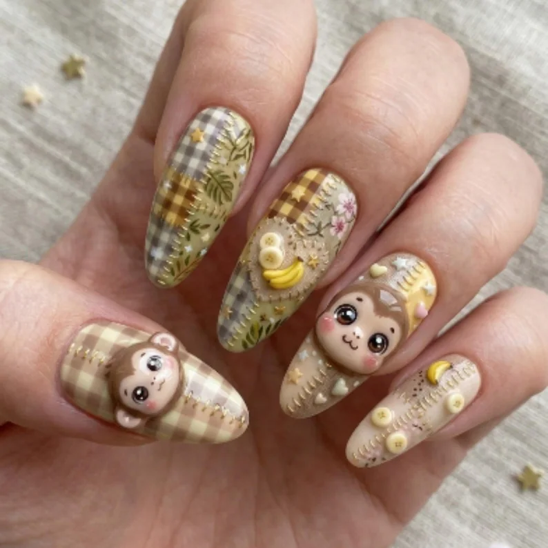 Kawaii monkey, Patchwork nails, press on nails, custom press on nails, fake nails, Nails Art, stained glass nails, gold press on nails, 3d press on nails, luxury press on nails, handmade press on nails
