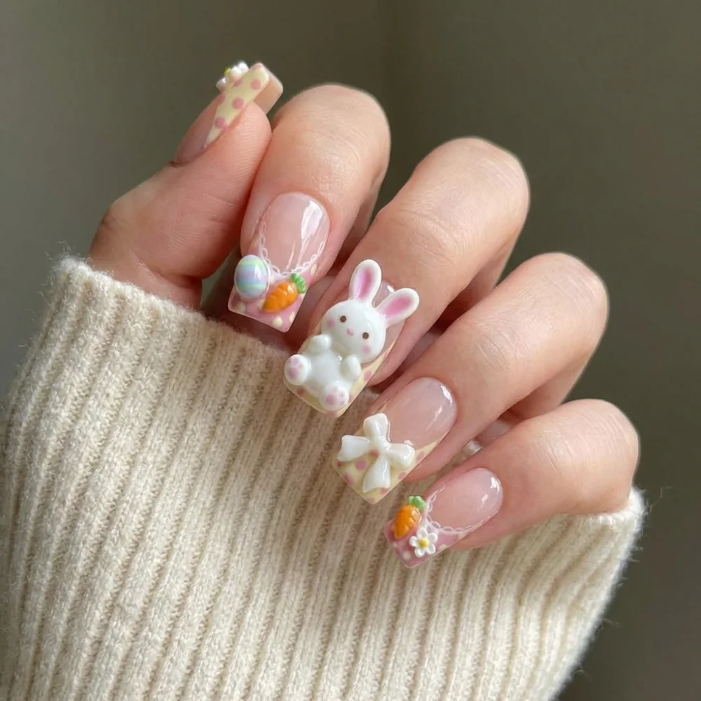 kawaii 3D bunny, press on nails, custom press on nails, fake nails, Nails Art, stained glass nails, gold press on nails, 3d press on nails, luxury press on nails, handmade press on nails