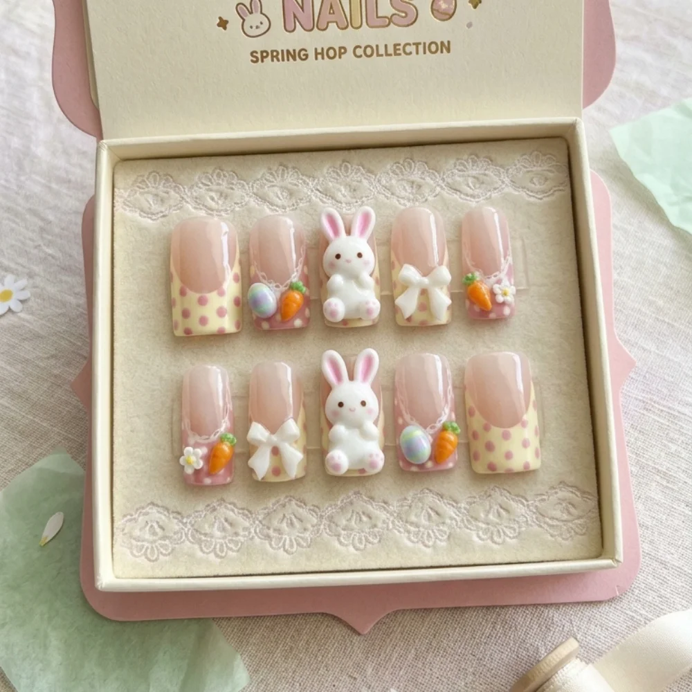 cute easter nails, rabbit charms, press on nails, custom press on nails, fake nails, Nails Art, stained glass nails, gold press on nails, 3d press on nails, luxury press on nails, handmade press on nails
