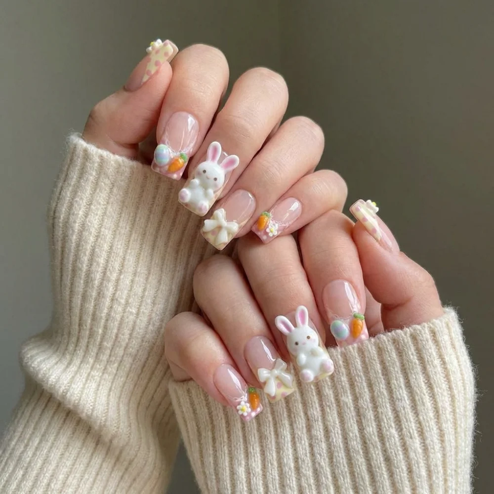 carrot charms, pastel spring nails, press on nails, custom press on nails, fake nails, Nails Art, stained glass nails, gold press on nails, 3d press on nails, luxury press on nails, handmade press on nails
