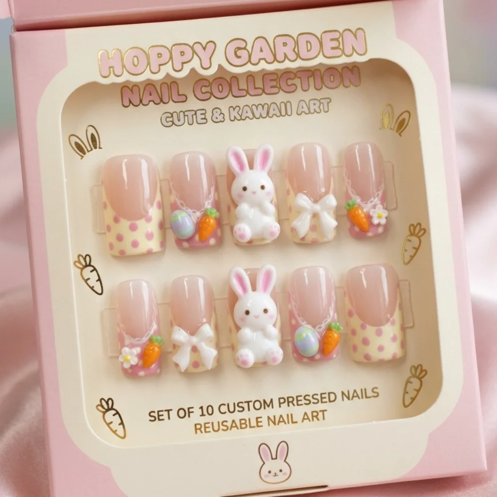 spring press ons, kawaii 3D bunny, press on nails, custom press on nails, fake nails, Nails Art, stained glass nails, gold press on nails, 3d press on nails, luxury press on nails, handmade press on nails