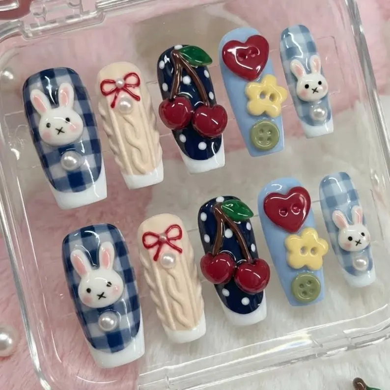 kawaii 3D button, bunny press on nails, press on nails, custom press on nails, fake nails, Nails Art, stained glass nails, gold press on nails, 3d press on nails, luxury press on nails, handmade press on nails