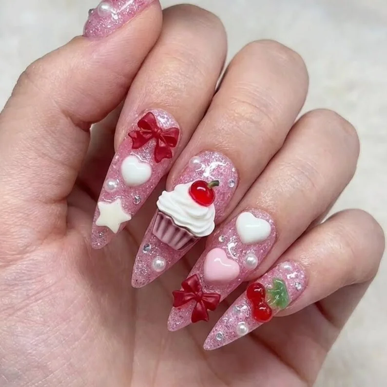 kawaii press on nails, 3D cherry nails, press on nails, custom press on nails, fake nails, Nails Art, stained glass nails, gold press on nails, 3d press on nails, luxury press on nails, handmade press on nails