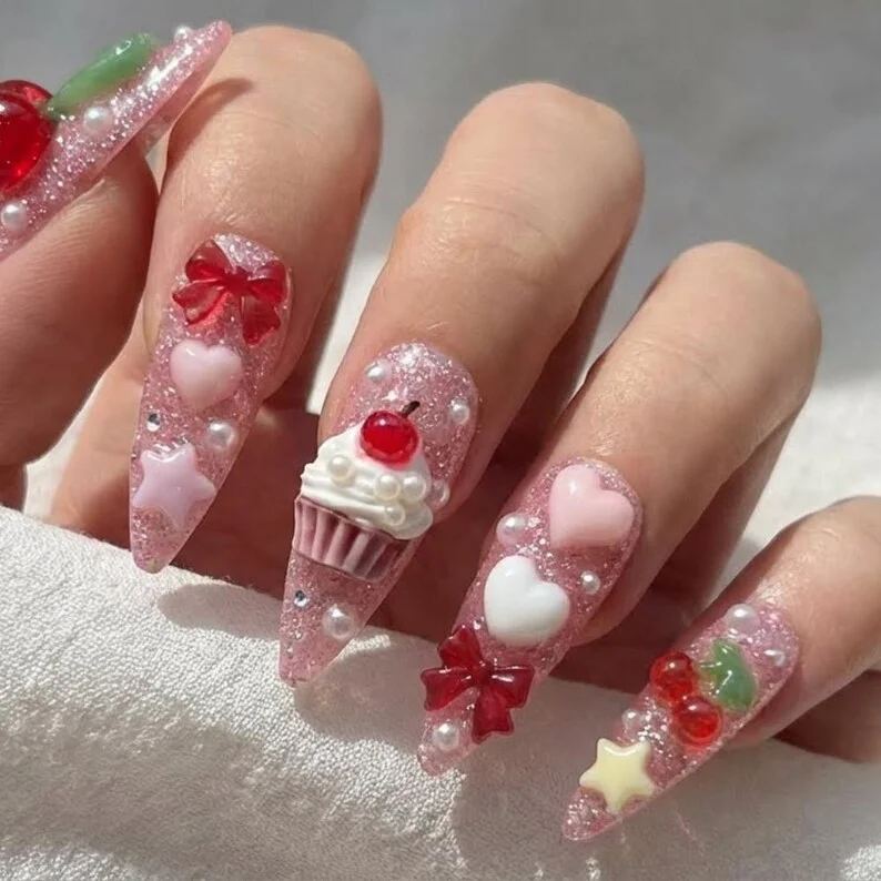 cupcake nail art, valentine press ons, press on nails, custom press on nails, fake nails, Nails Art, stained glass nails, gold press on nails, 3d press on nails, luxury press on nails, handmade press on nails